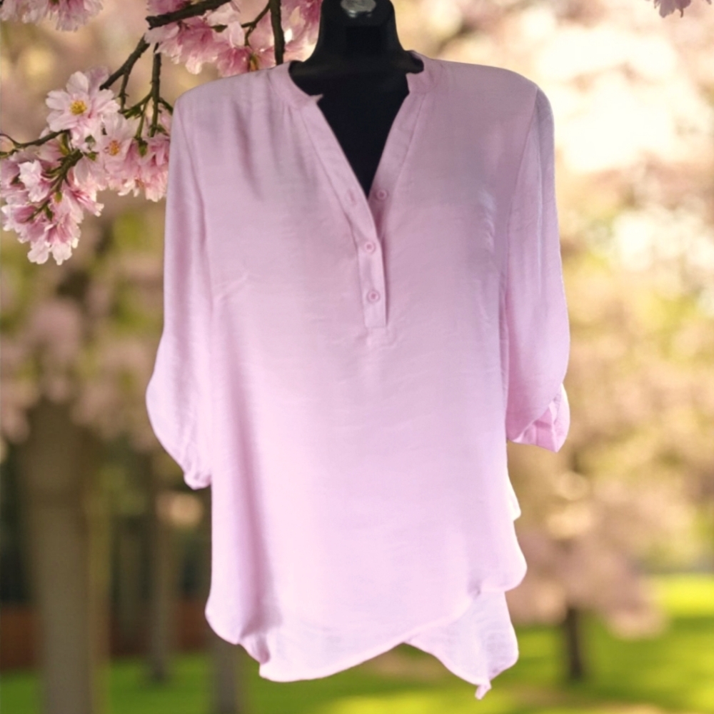 Casa Donna Light Pink Scalloped Hem Linen Blend Women's Tunic Top Sz L